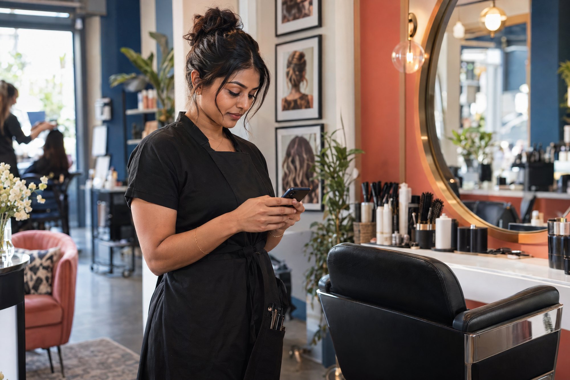 A stylist between clients, reading her phone beside an empty chair. Coral and navy salon, brass mirror.