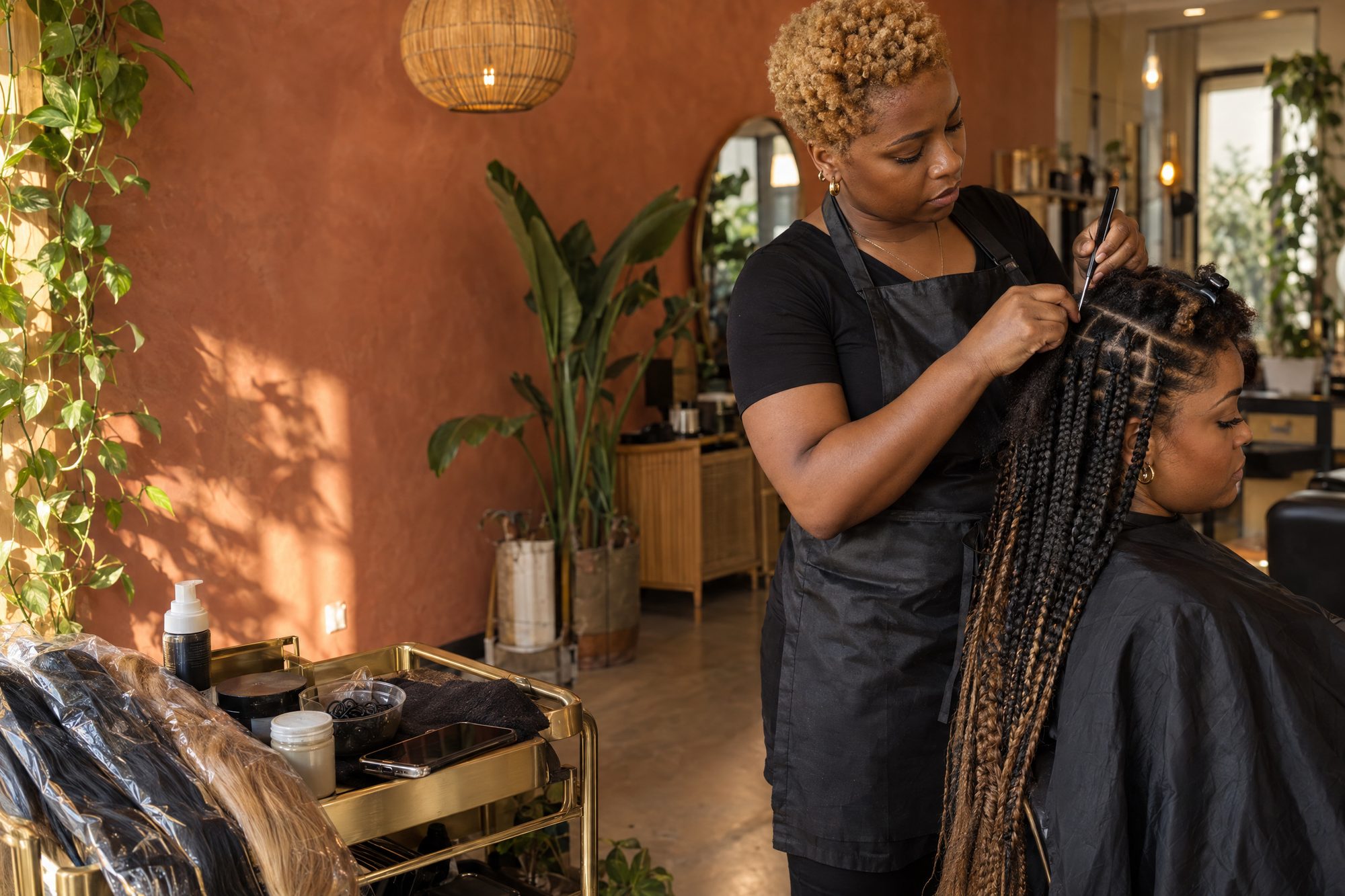 A braider mid-way through knotless braids on a client. Her phone lies face-up on the tray beside her. Close, intimate, hands in focus.