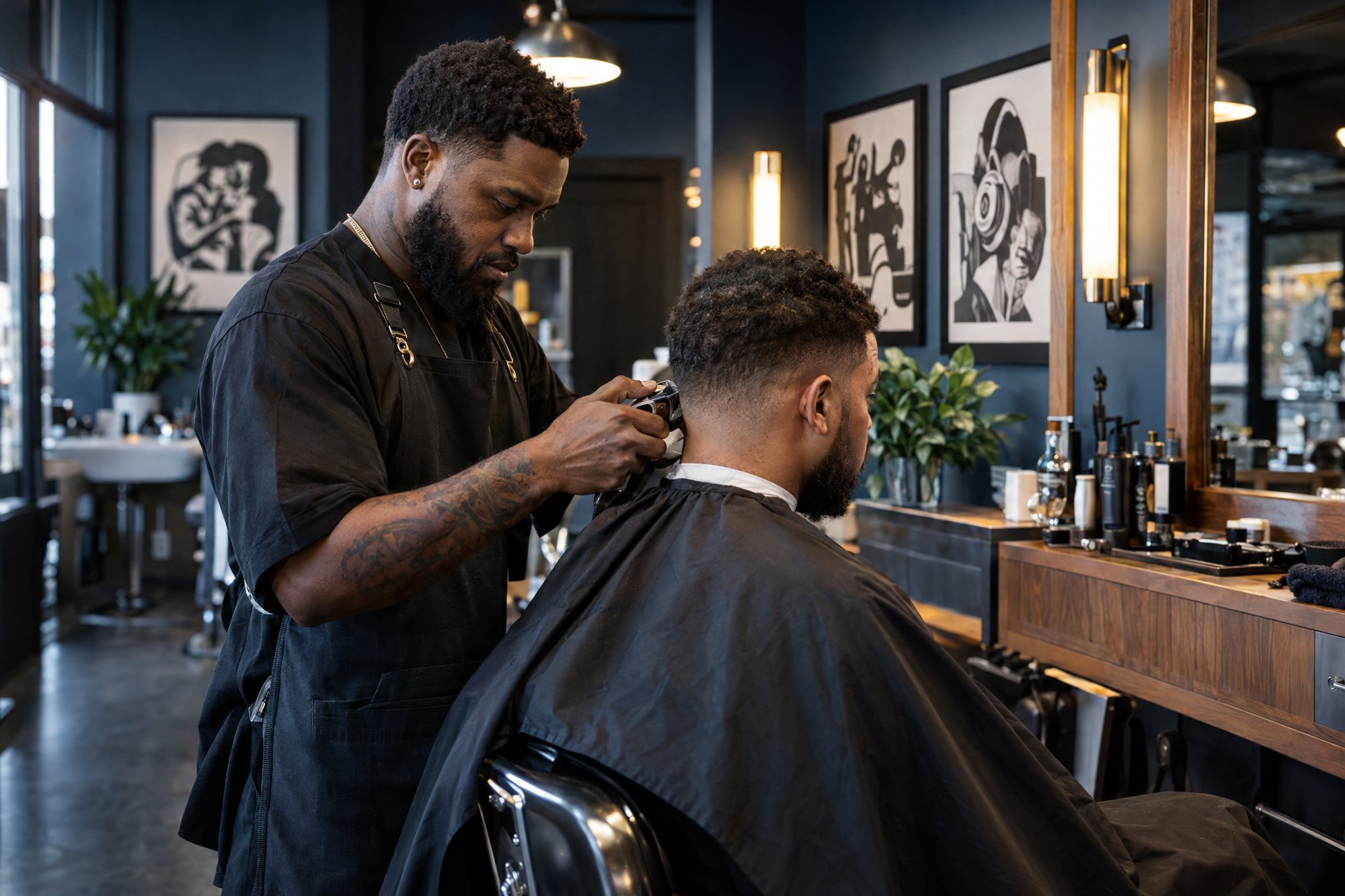 A barber shaping a fade on his client. Navy shop, walnut station, brass sconces.