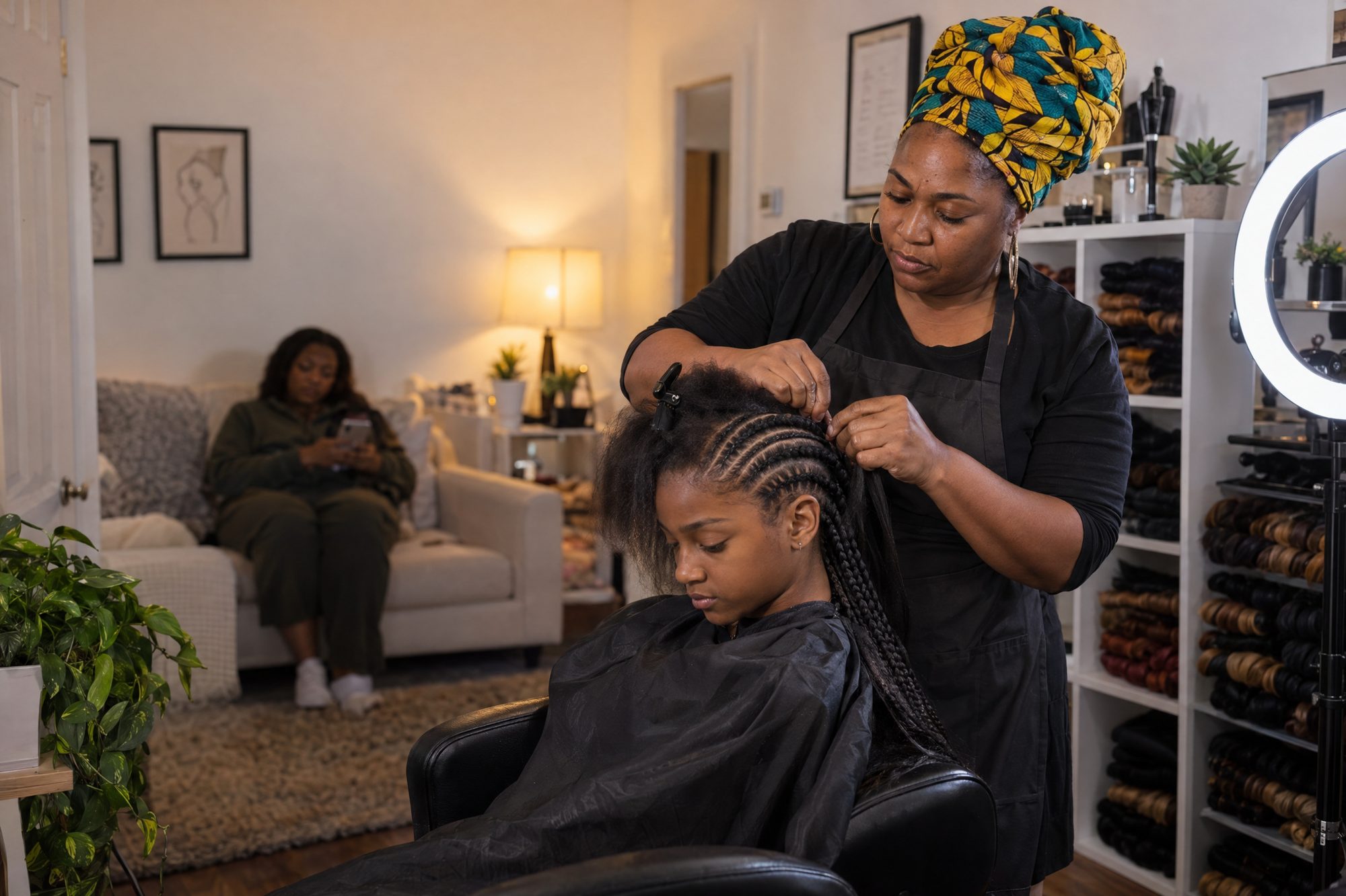 A braider working from her home studio: ring light, one chair, neat shelves of hair. Honest and proud, not glamorized.