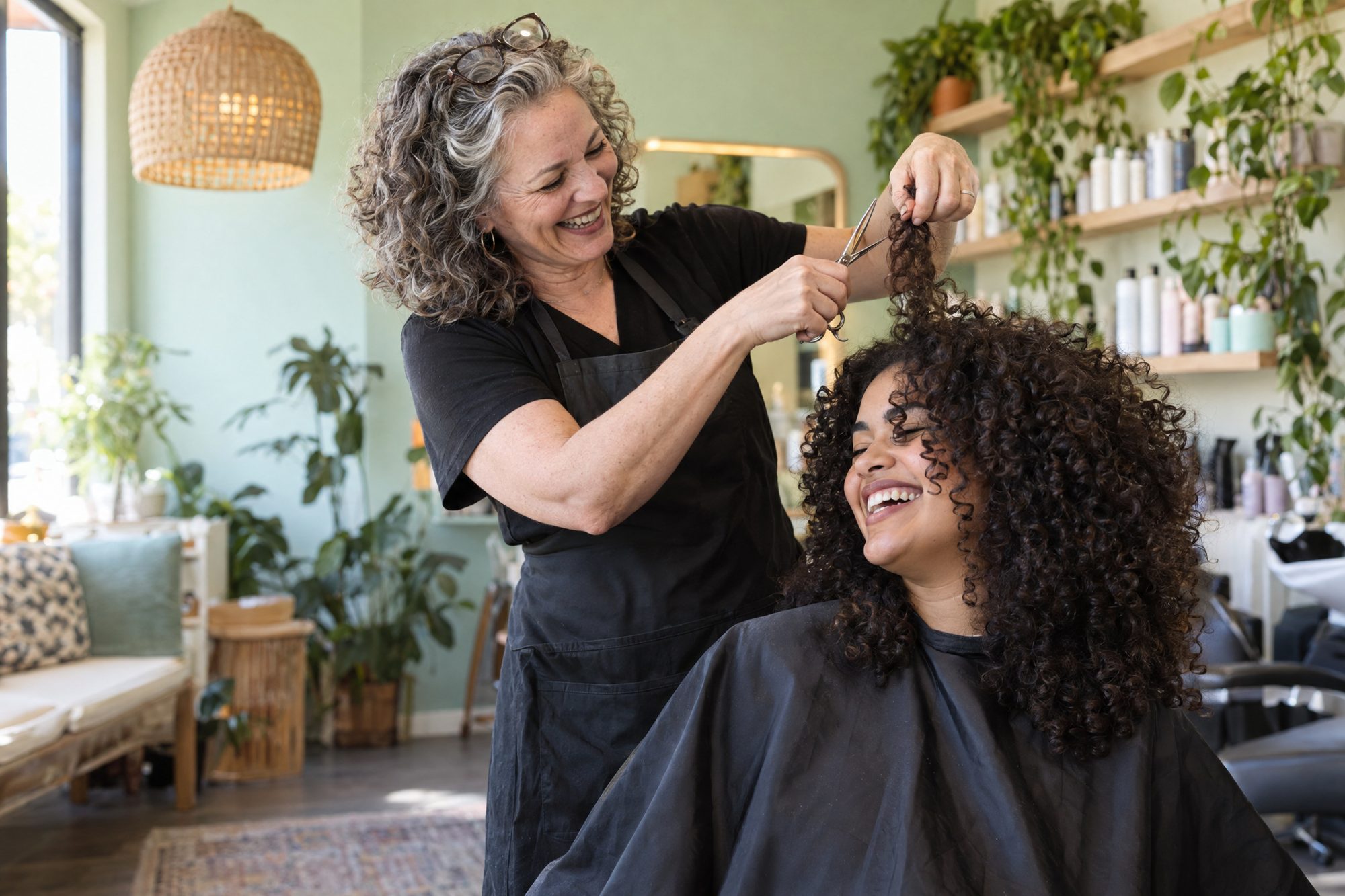 A curly cut in progress, curls defined and bouncing. Stylist lifting a section. Bright, joyful.