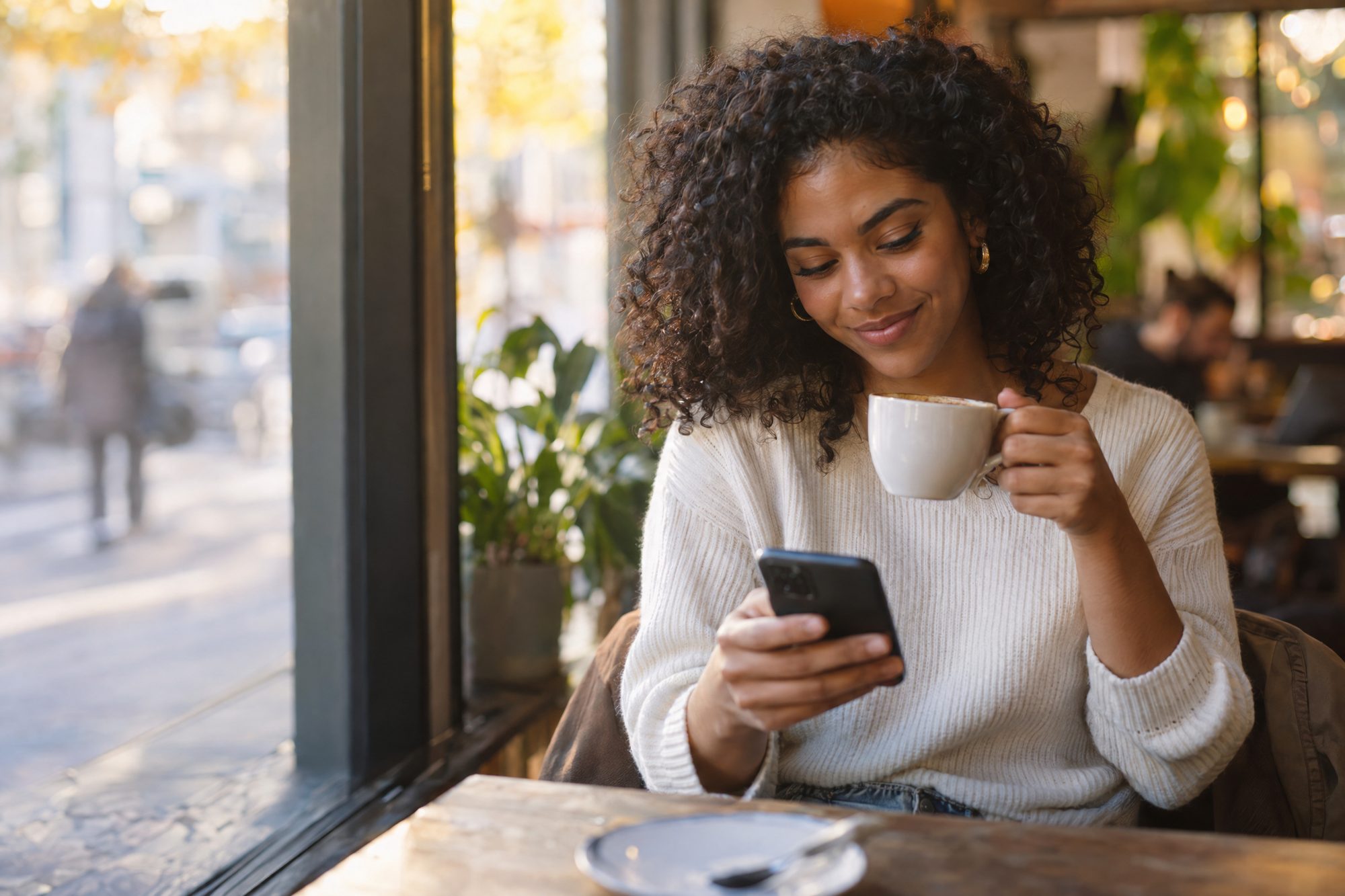 A client in everyday life (café, car, sidewalk) looking at her phone, getting a booking confirmation. Phone screen not visible or off.