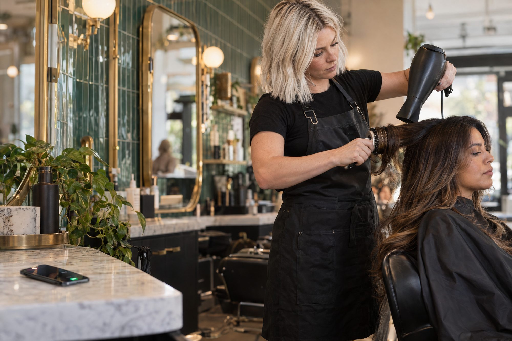 Stylist with both hands busy in a client's hair while a phone lights up on the counter in the foreground (call coming in).